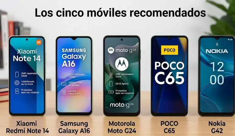 Cinco móviles de gama de entrada comparados uno al lado del otro