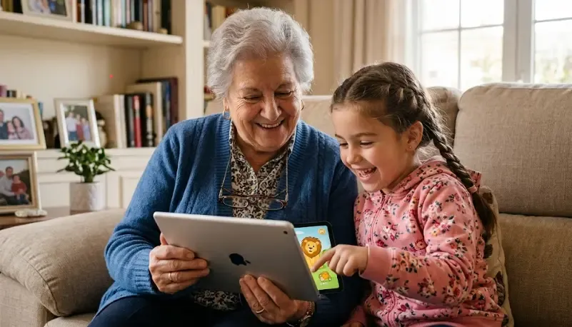 descripción: Persona mayor y su nieta usando una tablet juntas mirando a la pantalla sonriendo