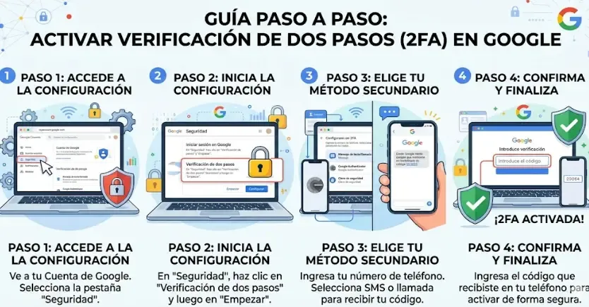 Proceso de activación del doble factor en la cuenta de Google mostrando el escaneo de QR
