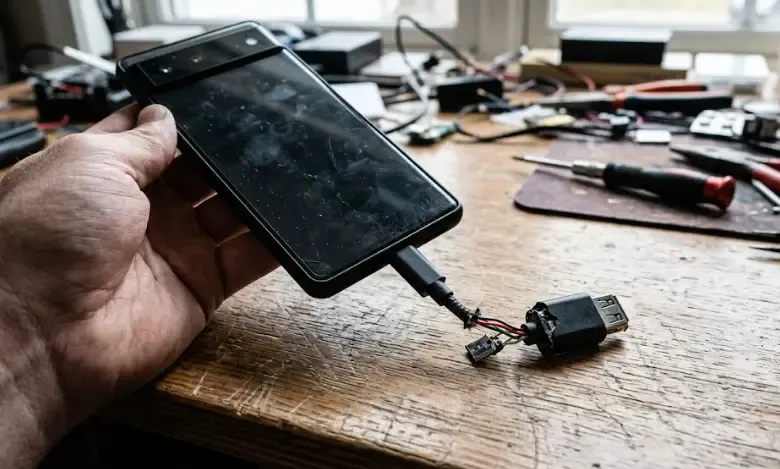 Adaptador OTG conectado a un móvil con pantalla rota