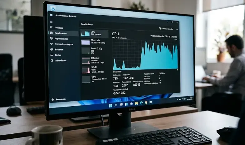 Captura de pantalla del Administrador de Tareas mostrando núcleos y uso