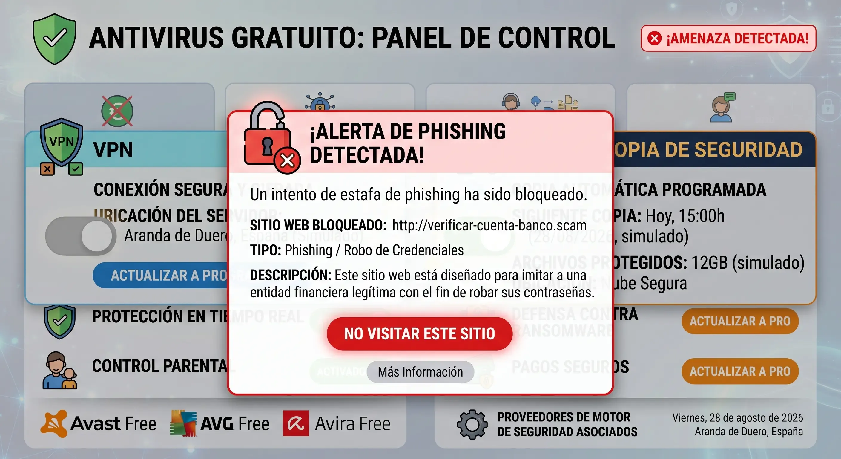Ventana de alerta de phishing detectada por un antivirus gratuito