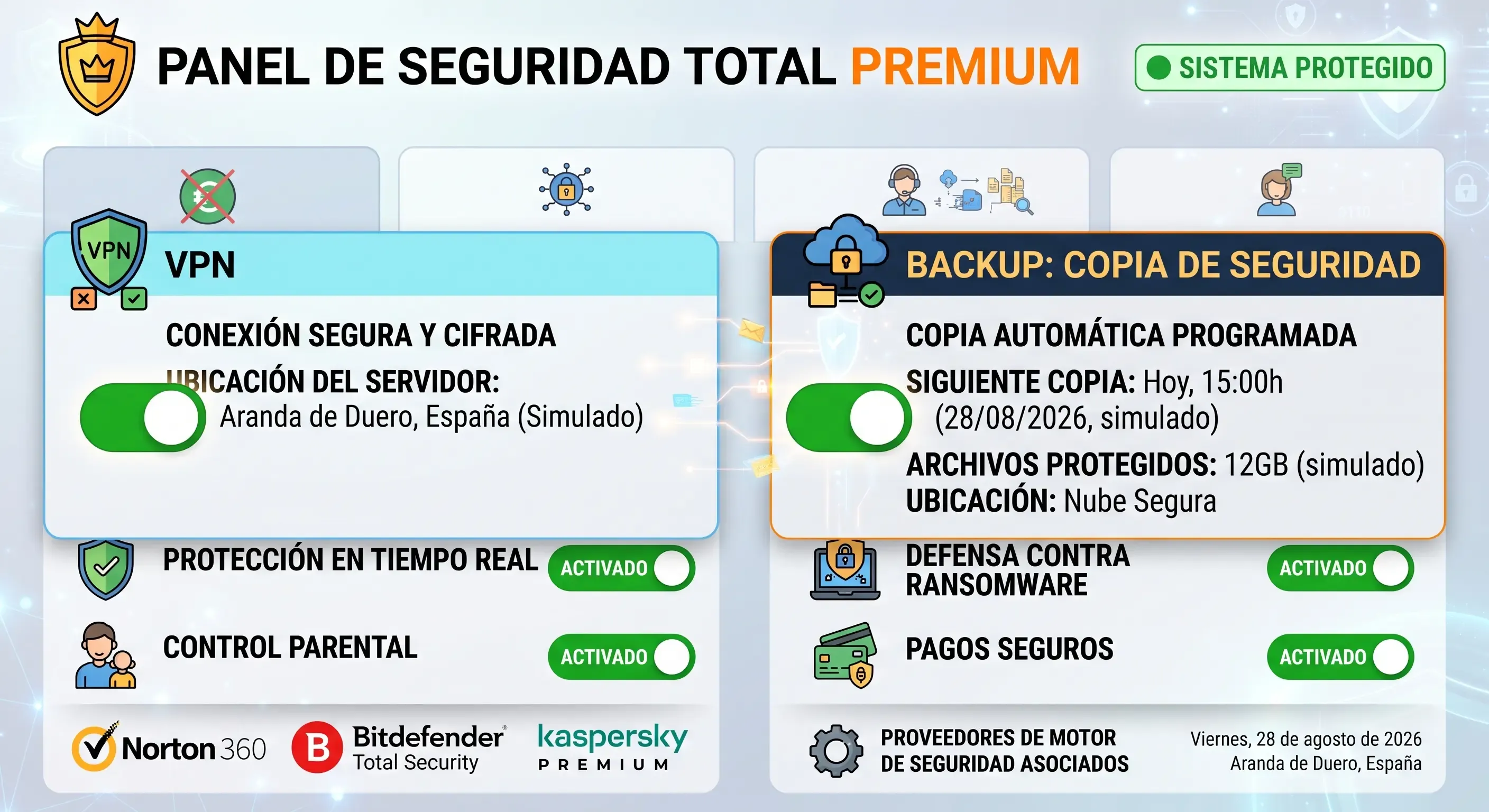 Panel de configuración de un antivirus de pago con VPN y backup activados
