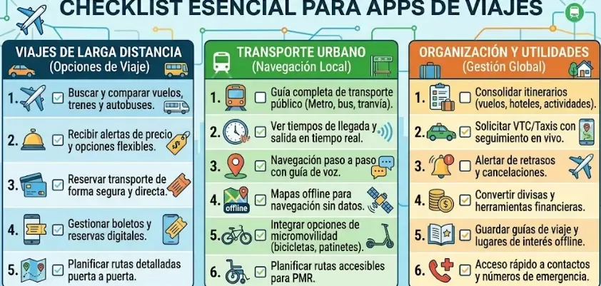 Infografía resumen: checklist de apps y accesorios antes de viajar