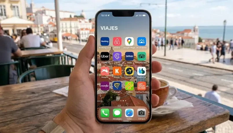 Pantalla de inicio del móvil con las apps de viaje organizadas por carpetas