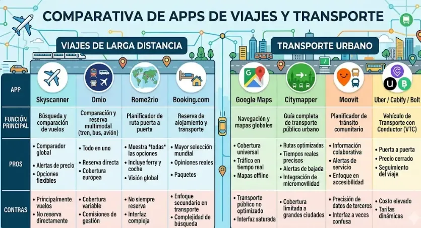 Comparativa de apps de transporte: Rome2rio mostrando rutas combinadas vs Moovit con horarios de metro