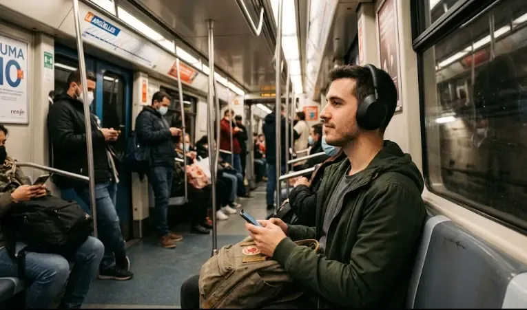 Persona usando auriculares inalámbricos con cancelación de ruido en el metro