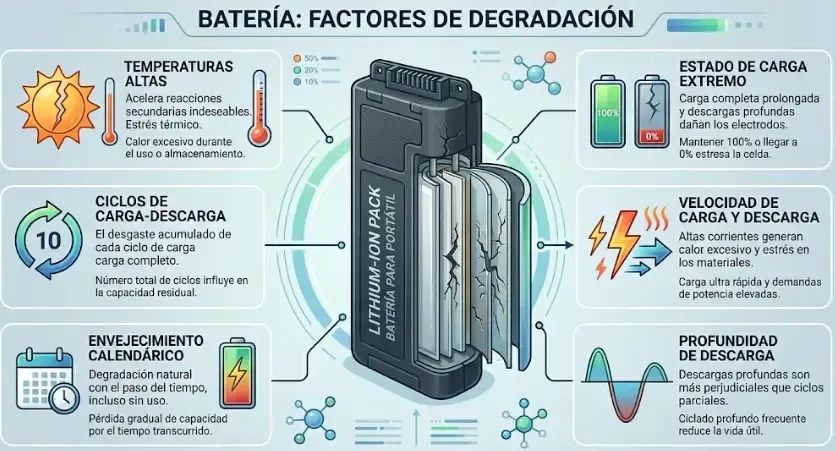 Infografía de los factores que afectan a la vida de la batería: calor, carga al 100%, descargas completas y ciclos de carga
