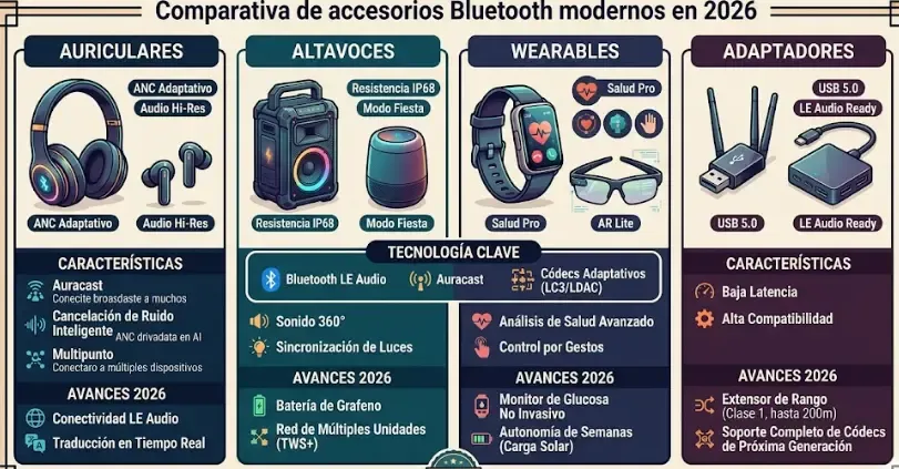 Comparativa de accesorios Bluetooth modernos en 2026, incluyendo auriculares, altavoces, wearables y adaptadores.