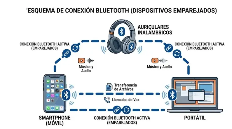 Esquema de conexión Bluetooth entre dispositivos que muestra el emparejamiento de un móvil, un portátil y unos auriculares inalámbricos.