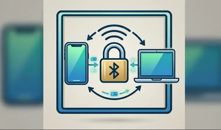 Icono de seguridad Bluetooth y conexión cifrada que representa una conexión inalámbrica protegida entre un móvil y un ordenador.