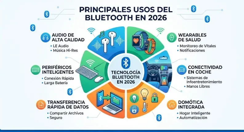 Infografía que resume los principales usos del Bluetooth en 2026: audio, periféricos, wearables, coche, transferencia de archivos y domótica.