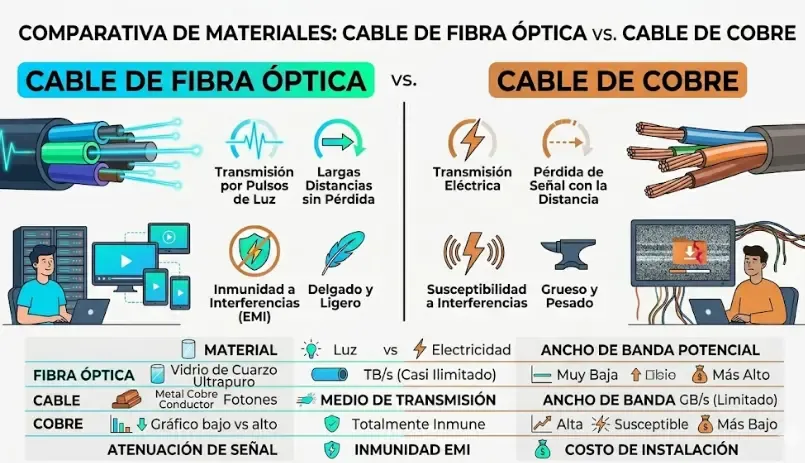 Comparativa visual entre un cable de cobre (ADSL) y un cable de fibra óptica
