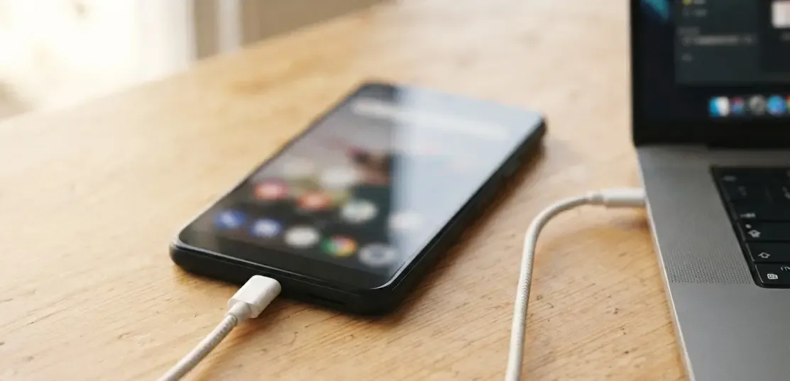 Cable USB-C de datos conectado a un móvil Android para pasar fotos al ordenador