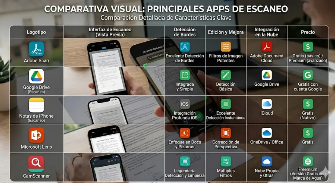 Comparativa visual de las principales apps de escaneo: Adobe Scan, Google Drive, Notas de iPhone, Microsoft Lens y CamScanner