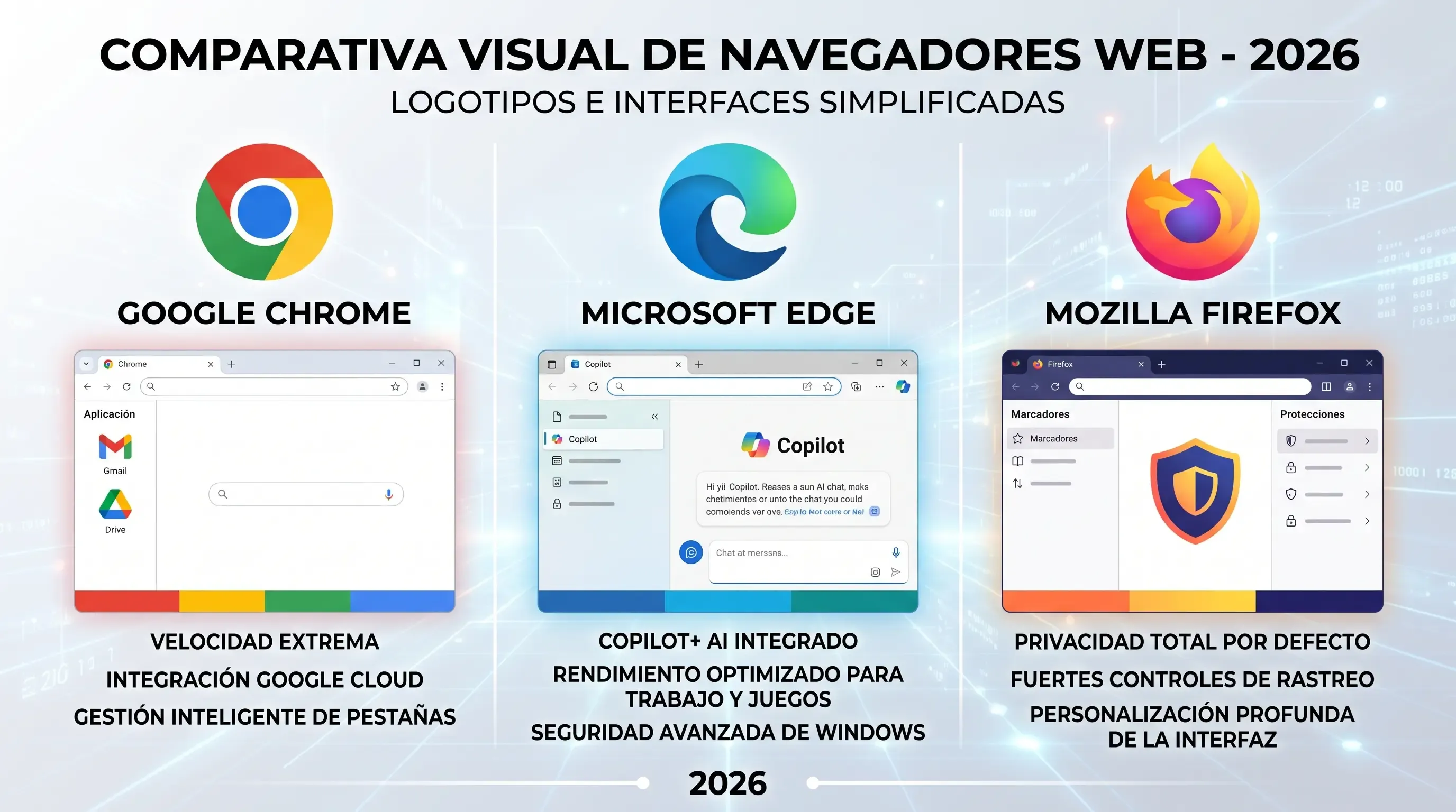 Comparativa visual entre Chrome, Edge y Firefox mostrando sus logotipos y una interfaz simplificada en 2026