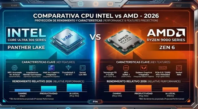 Gráfico comparativo rendimiento AMD Ryzen 7 9800X3D vs Intel Core Ultra 7 270K Plus 2026 en juegos y productividad