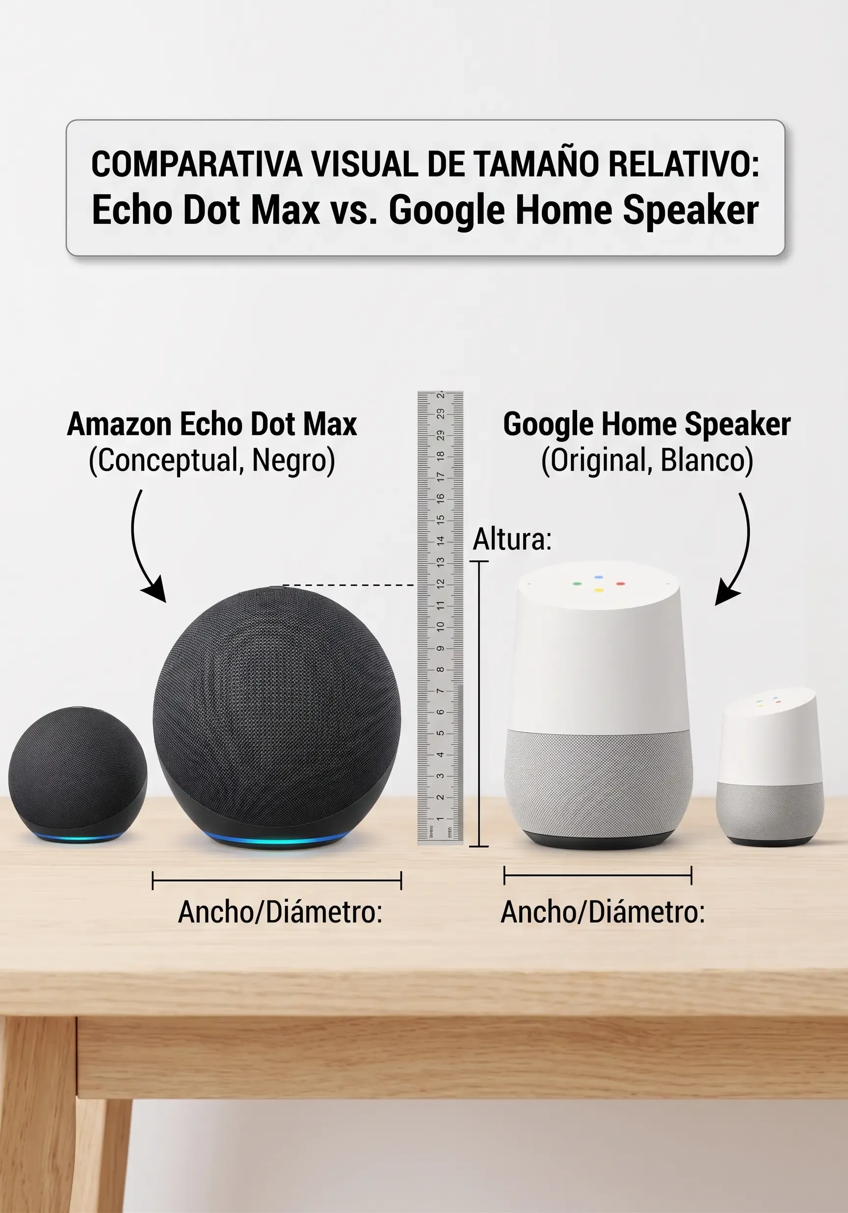 Comparativa visual entre el Echo Dot Max (izquierda, negro) y el Google Home Speaker (derecha, blanco), mostrando sus tamaños relativos