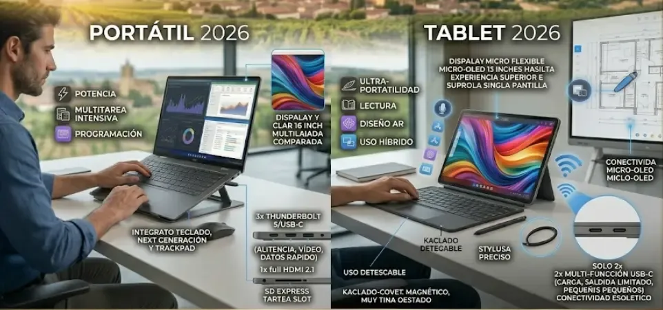 Comparativa visual: portátil vs tablet en 2026 – pantalla, teclado, puertos y modo de uso