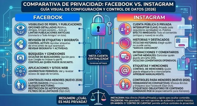 Comparativa visual de las opciones de privacidad entre Facebook e Instagram, mostrando los distintos ajustes de visibilidad de publicaciones, etiquetas y estado de actividad