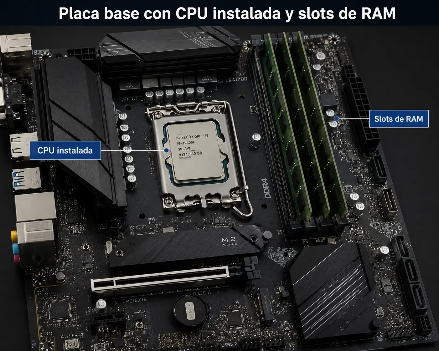 Componentes internos de un PC de sobremesa con CPU, RAM y GPU visibles