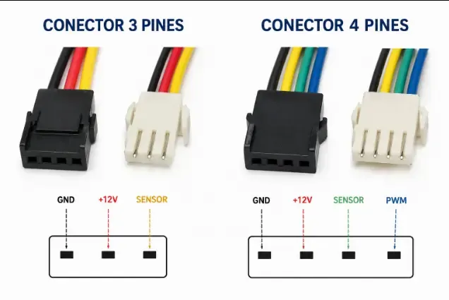 Comparativa conectores 3 pines (DC) vs 4 pines (PWM) para ventilador de PC