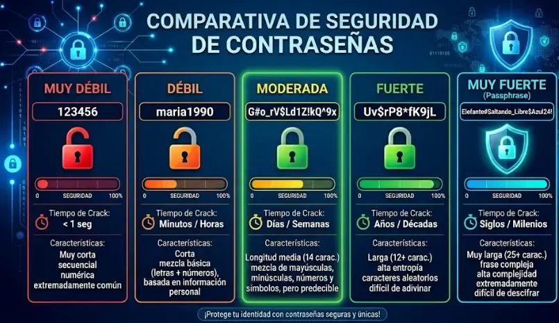Comparativa entre contraseña débil y fuerte con verificación en dos pasos