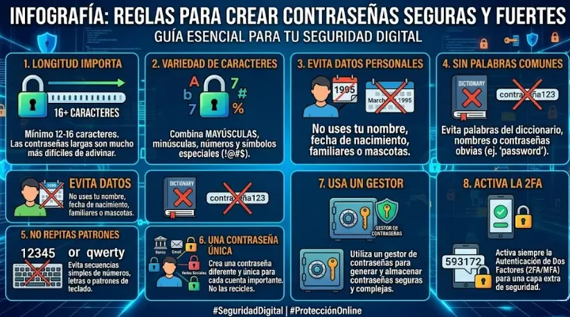 Infografía resumen: las 5 reglas de oro para contraseñas seguras