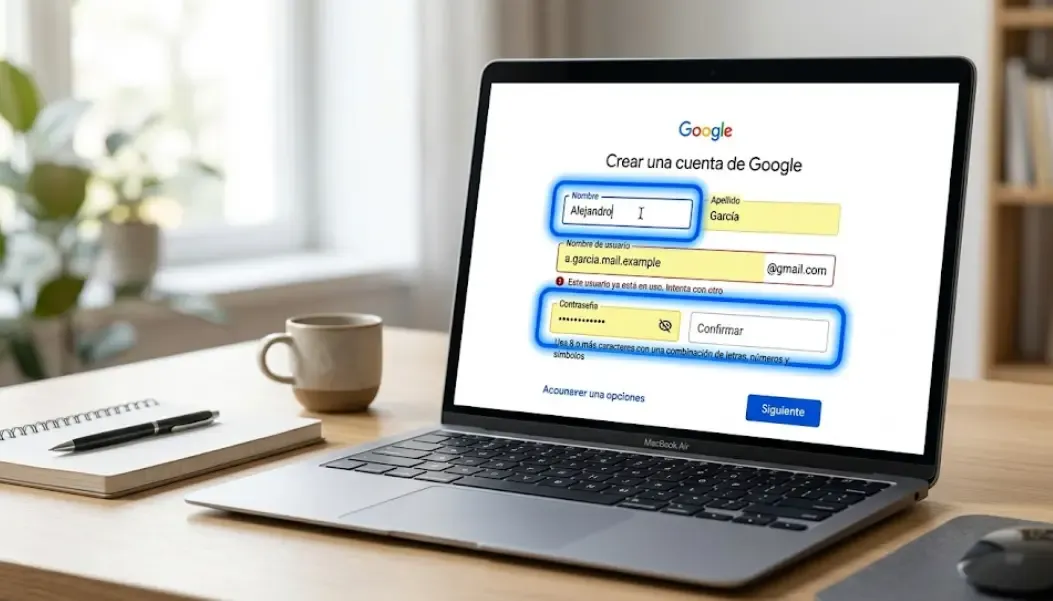 Formulario de registro de Gmail con los campos de nombre, usuario y contraseña destacados