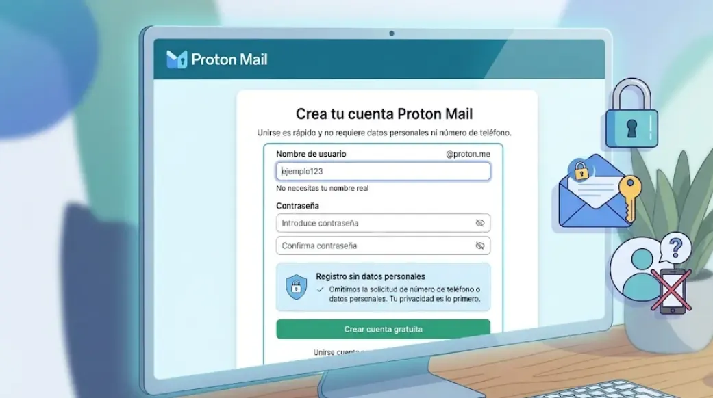 Registro en Proton Mail sin solicitar datos personales ni número de teléfono