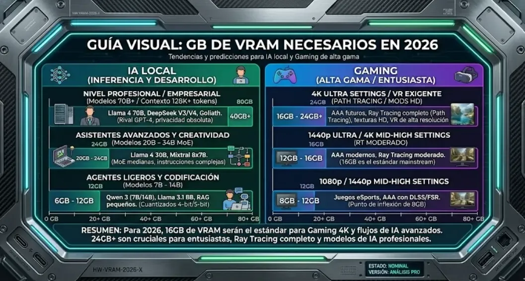Gráfico sobre cuántos GB de VRAM se necesitan para IA local y gaming en 2026