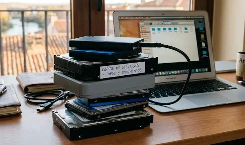 Discos duros externos apilados para hacer copias de seguridad