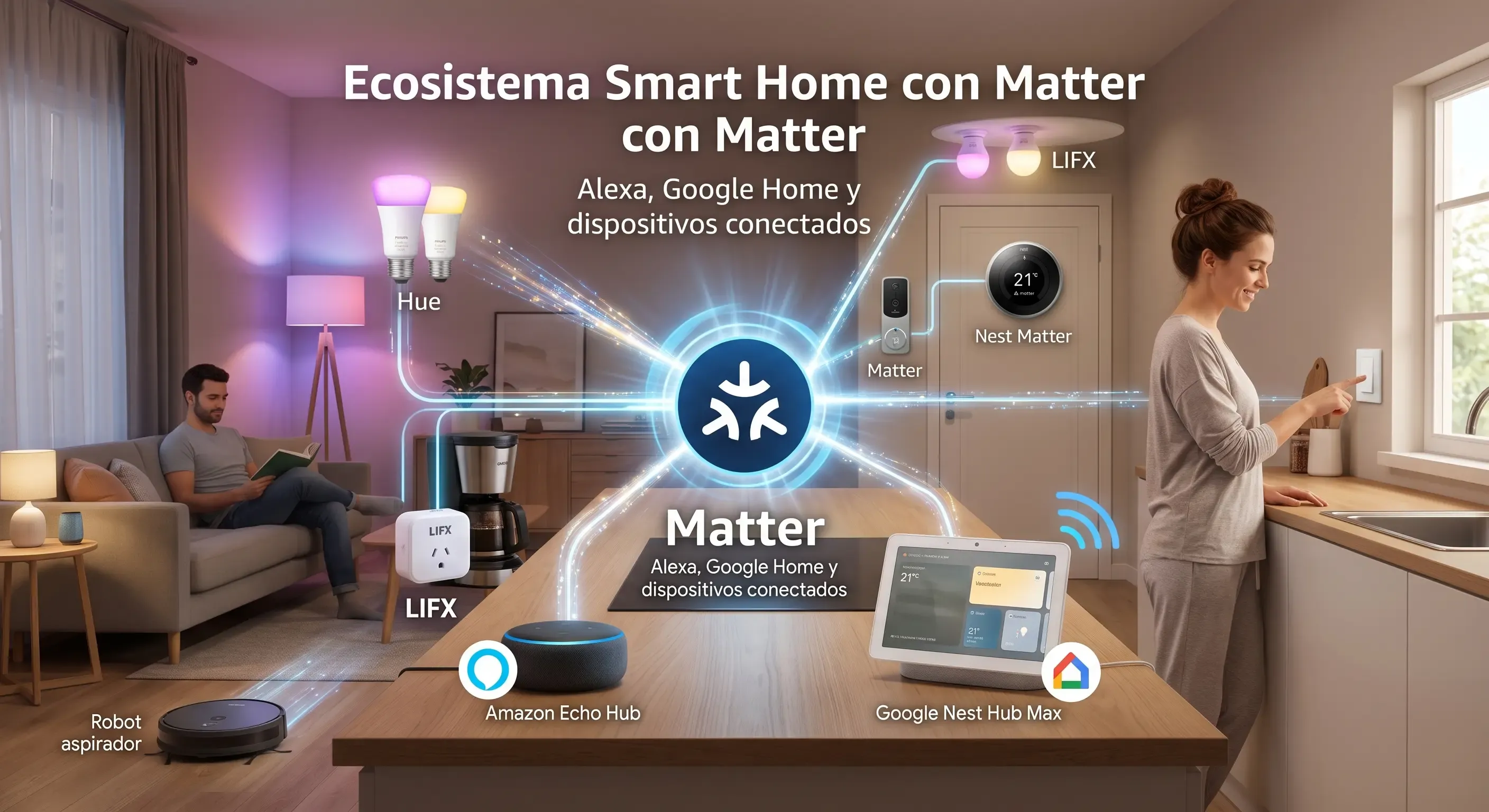 Ecosistema smart home con Matter: Alexa, Google Home y dispositivos conectados