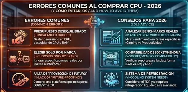 Infografía 5 errores comunes al comprar procesador CPU y cómo evitarlos 2026