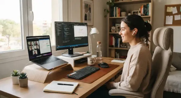 Escritorio de teletrabajo con monitor y portátil