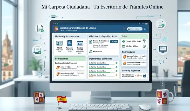 alt escritorio limpio y organizado con portatil y dnie