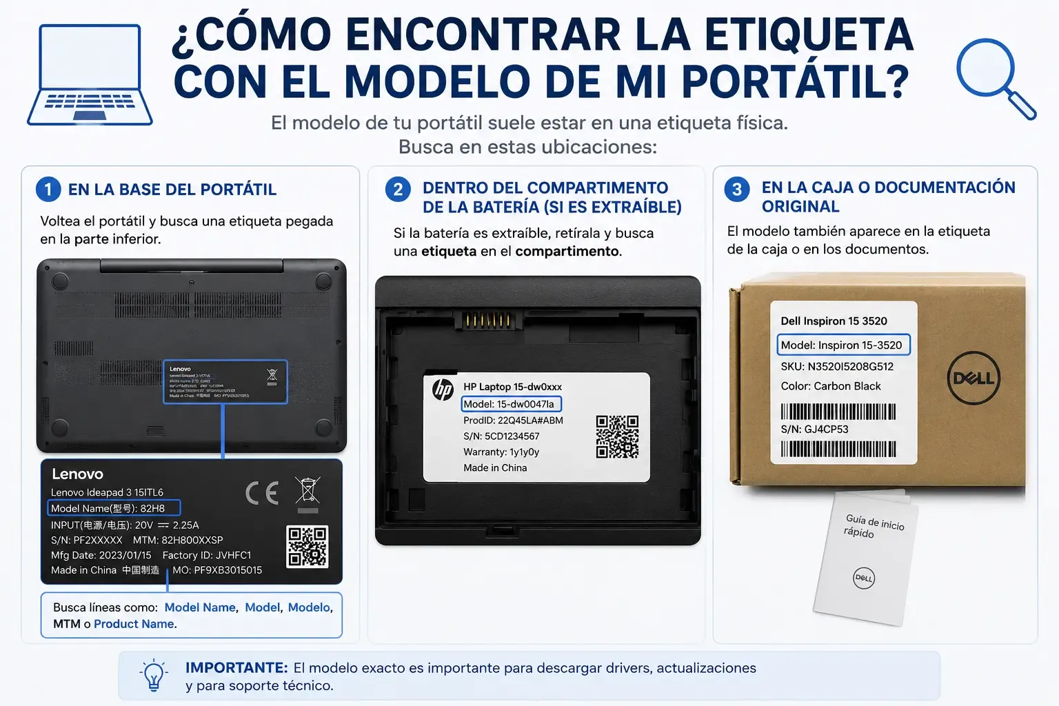 Etiqueta de modelo en la base de un portátil