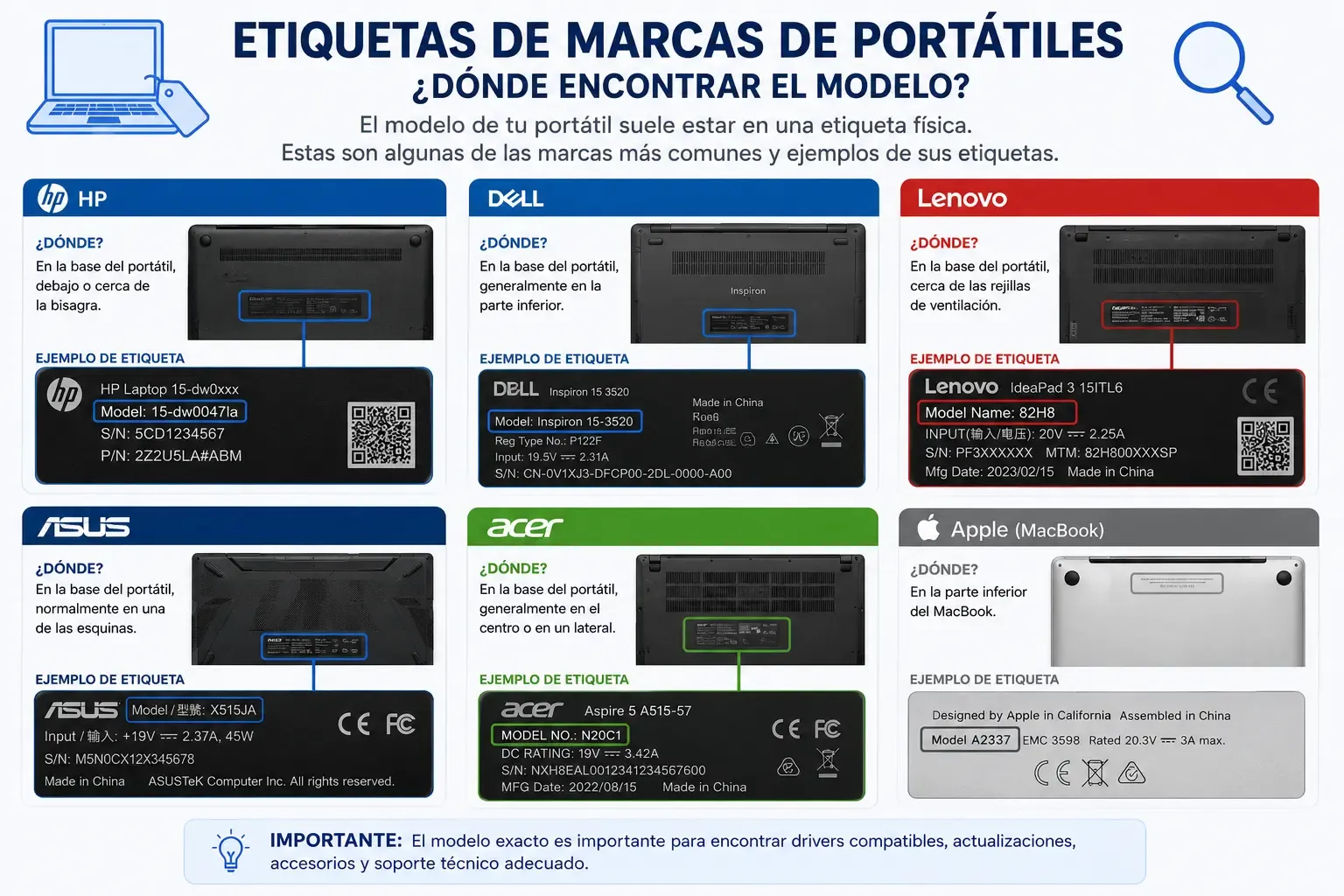 Collage de etiquetas de diferentes fabricantes de portátiles