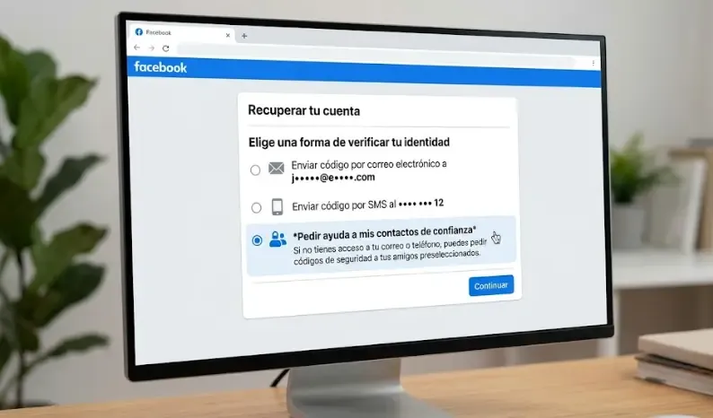Ejemplo de pantalla de recuperación de Facebook con la opción de contactos de confianza