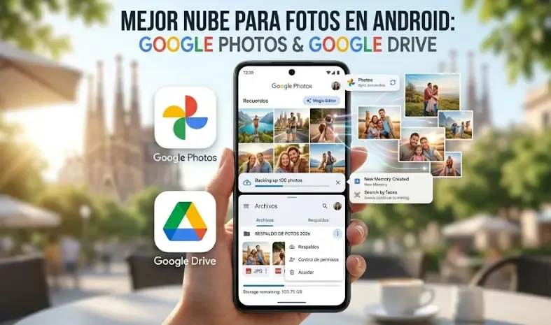 Google Photos y Google Drive interfaz en móvil - mejor nube para fotos Android