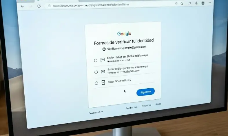 Captura de pantalla de las opciones de verificación de Google (SMS, correo, dispositivo)