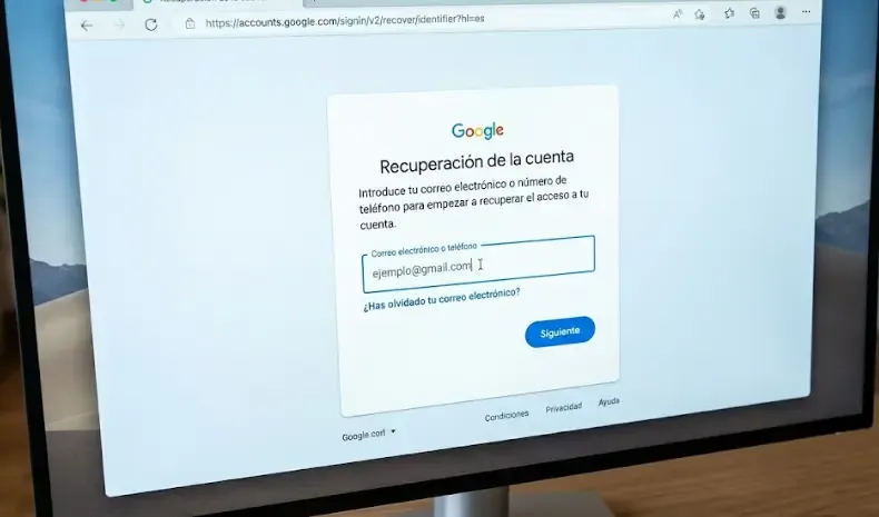 Captura de pantalla del formulario de recuperación de Google con el campo de correo y el botón "Siguiente"