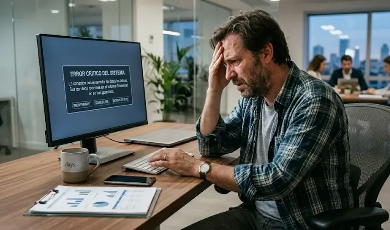 Hombre desesperado esperando que arranque su ordenador lento