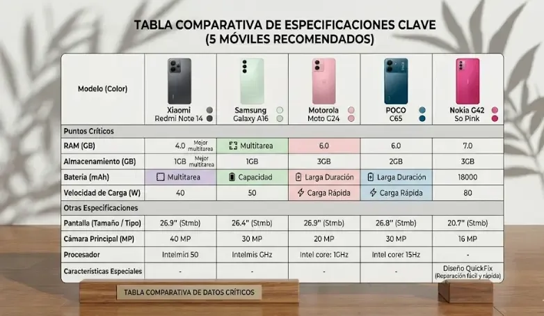 Infografía con los 5 móviles recomendados y sus características clave