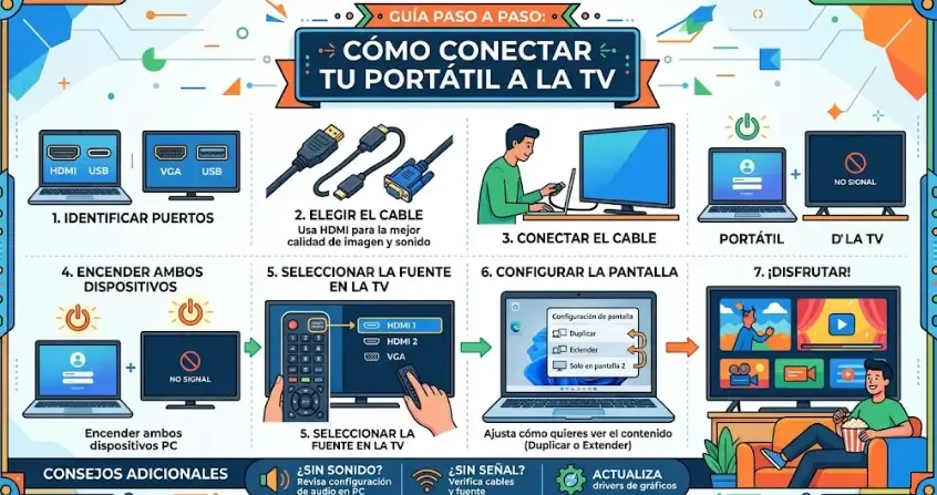 Infografía resumen: pasos para conectar portátil a TV por cable y sin cable