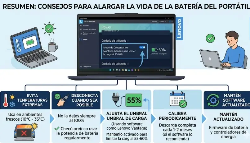 Infografía resumen: consejos para alargar la vida de la batería del portátil