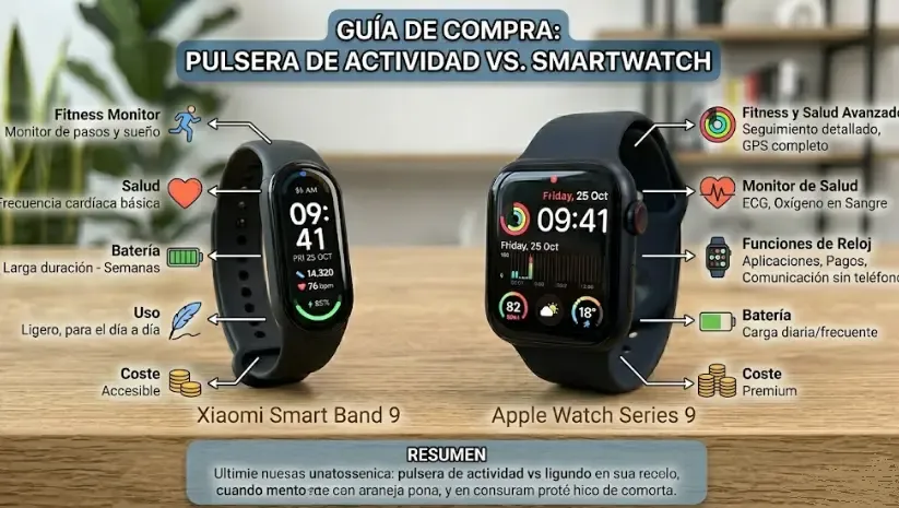 Infografía resumen: cómo elegir entre pulsera, smartwatch o híbrido según tu perfil