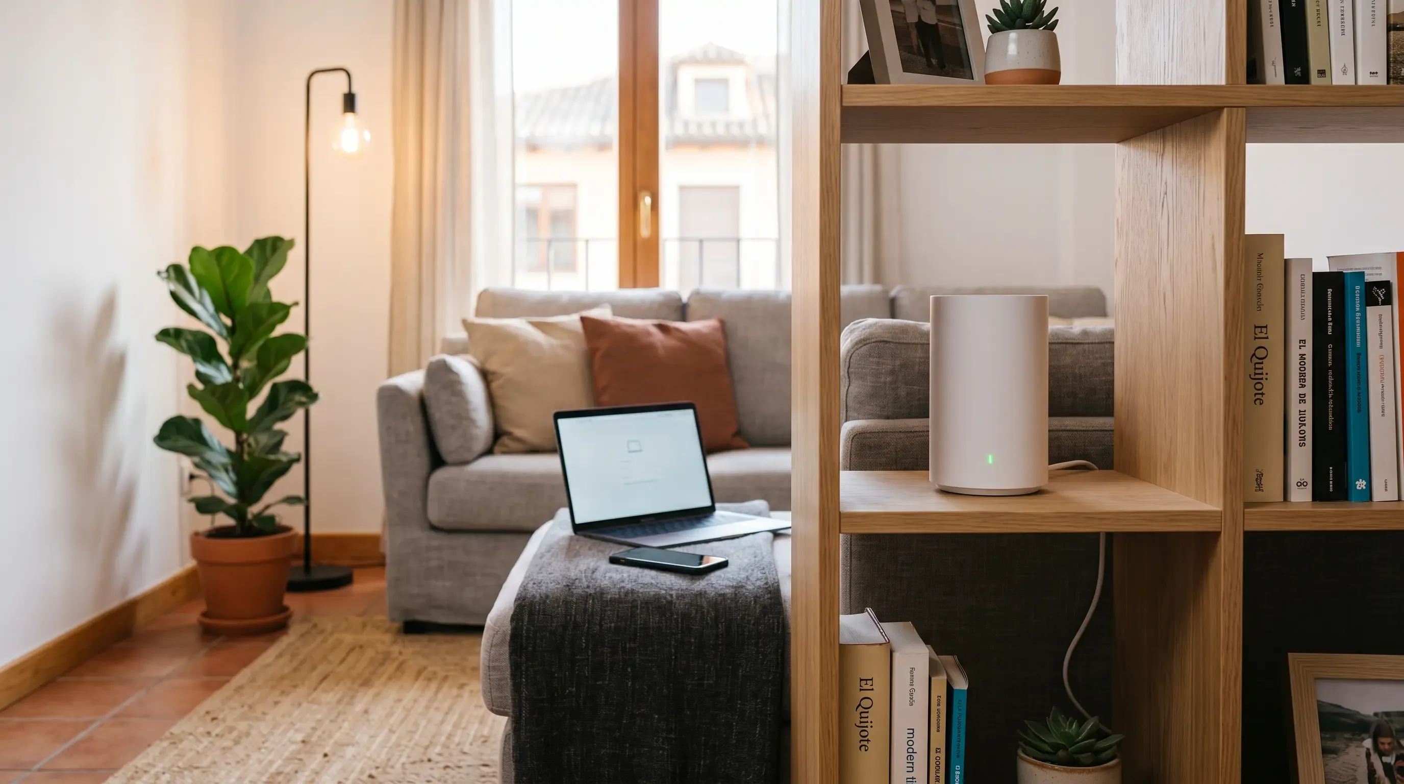 Instalación de un nodo mesh en el salón de una casa, conectado por cable Ethernet al router principal