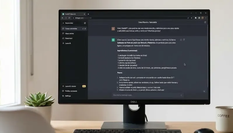 descripción: Pantalla de ordenador mostrando la interfaz de ChatGPT con una pregunta sobre recetas