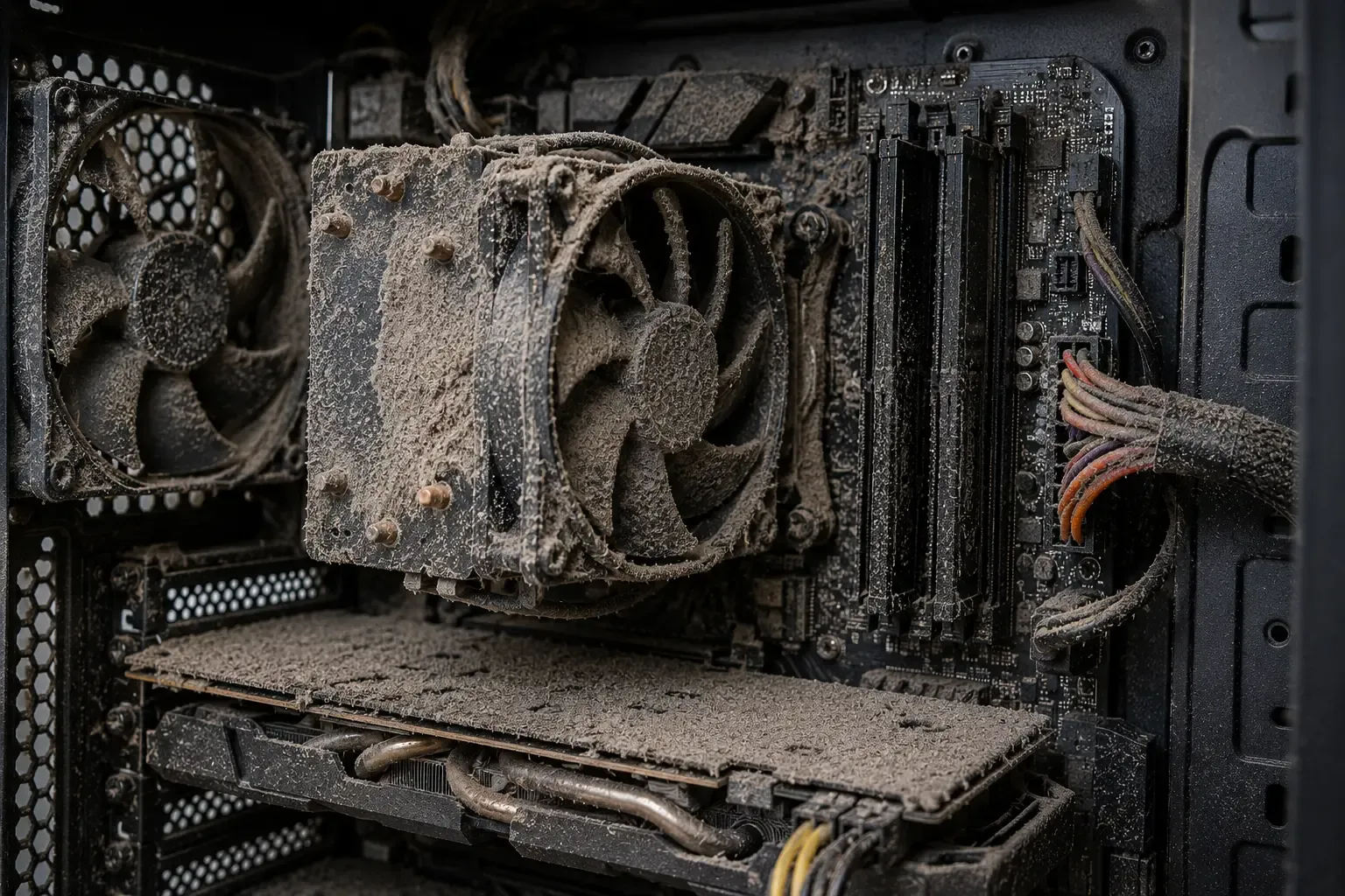 Interior de un ordenador de sobremesa con el disipador y ventilador de la CPU cubiertos de polvo